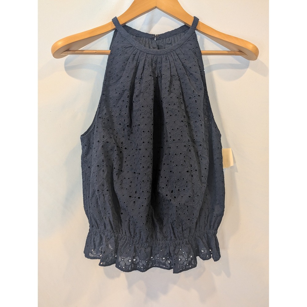 Ramy Brook Navy Blue Cotton Eyelet Halter Smocked Blouse Top Size M NWT
